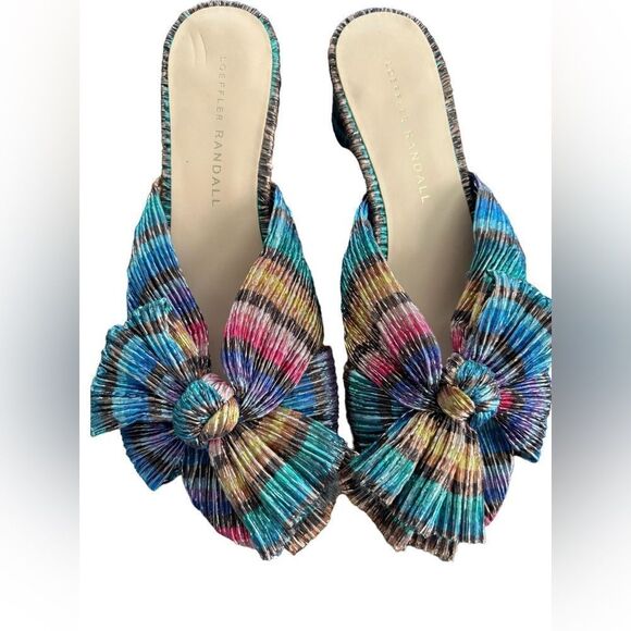 Loeffler Randall Emilia Rainbow Tropical Bow Penny Knot Metallic Sandals SZ 6.5 - Picture 1 of 3
